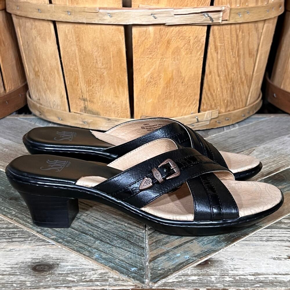 Sofft Black Leather Charm Criss Cross Slide Demi-Heel Sandals Womens Size 6